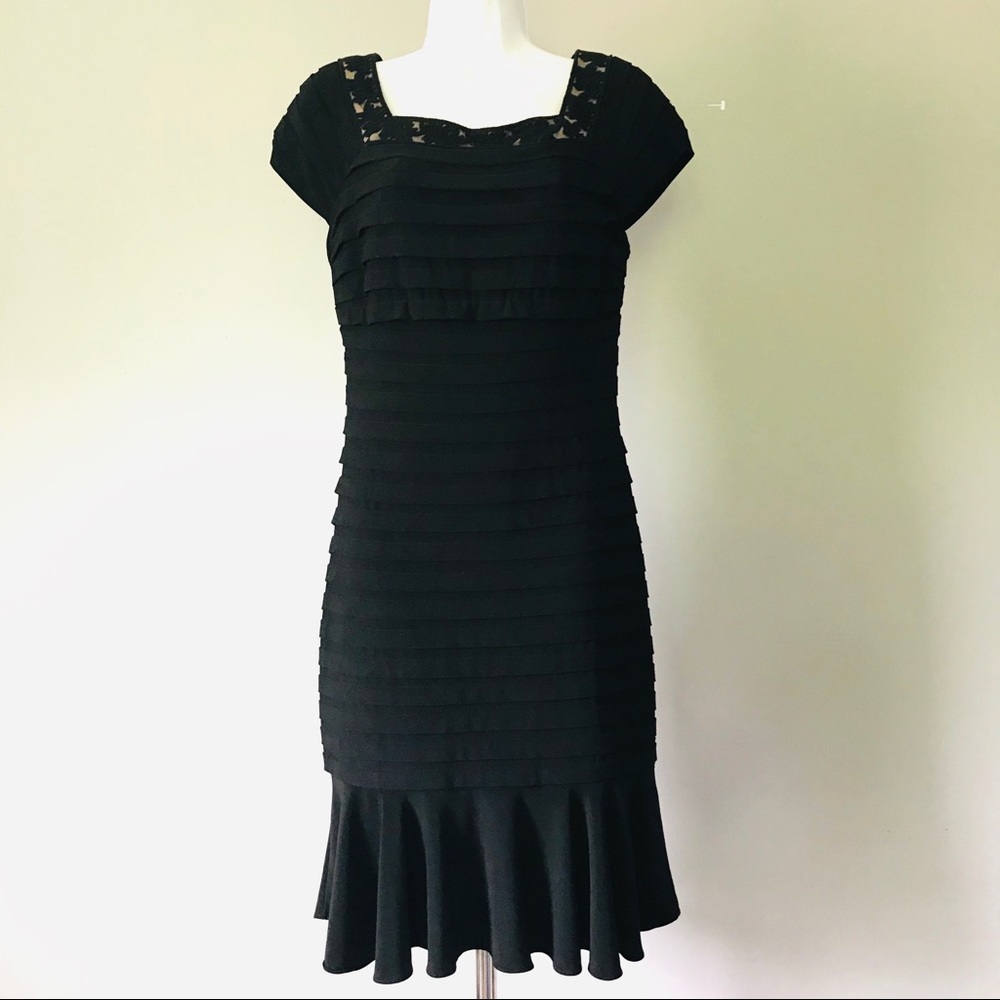 Adrianna Papell Womens Size 4 Black Pleated Midi Dress Square Neckline